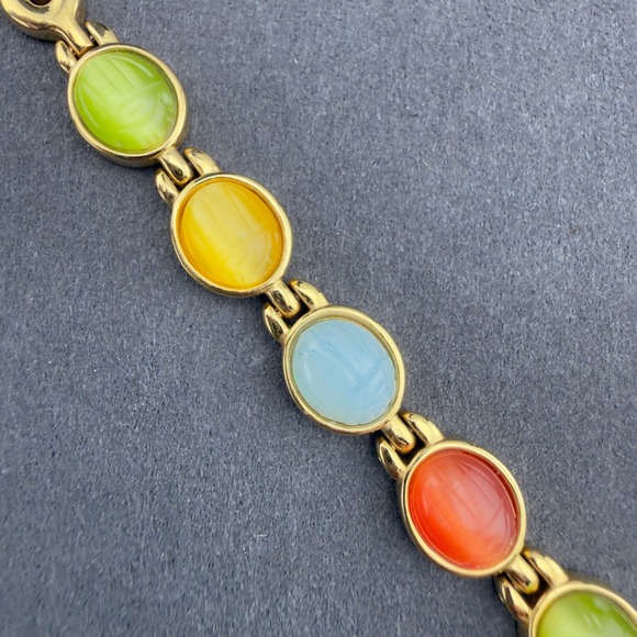 Vintage Gold Tone Multi Color Oval Cabochon Scarab Style Link Bracelet Glass - Picture 4 of 9